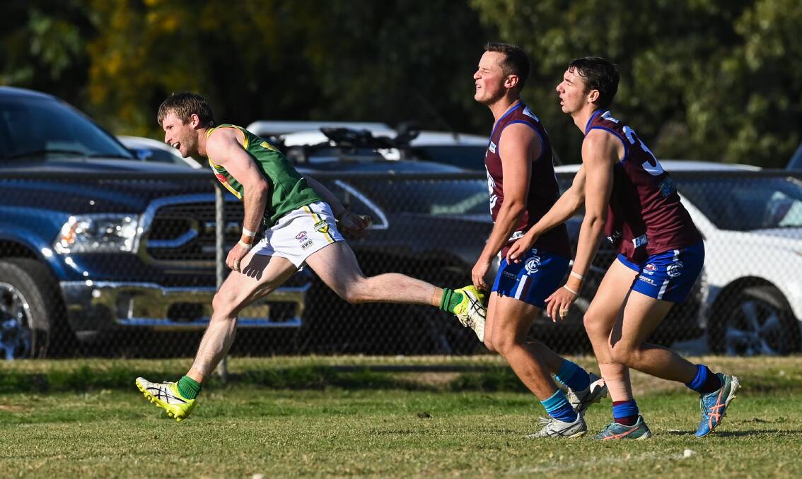 SINKING FEELING: The facial expressions say it all as former Albury champion John Mitchell kicks a goal on his first appearance for Holbrook. Picture: MARK JESSER