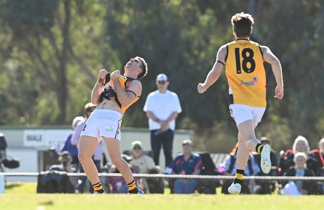 Anthony Miles celebrates his first goal for the Albury Tigers. Picture: MARK JESSER
