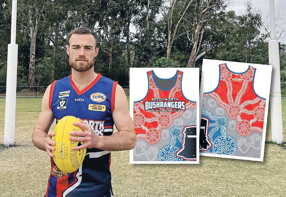 PROUD: Mutthi Mutthi man Brent Ryan, one of several Aboriginal players at Beechworth this season across football and netball, pictured with the singlets the Bushrangers will wear on June 25 for their inaugural Indigenous round.
