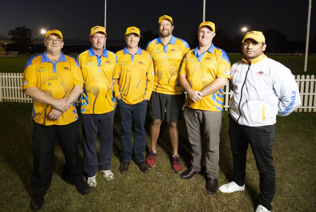 Kyle Wandel, Brad Baker, Nigel Semmens, Daryl Tuffey, Chris Green and Akki Murthy at Urana Road Oval. Picture: ASH SMITH