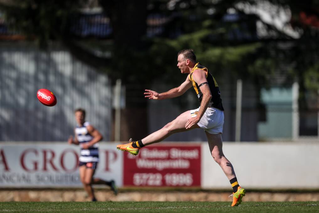 Jim Grills unloads with his left foot against Yarrawonga. Picture by James Wiltshire