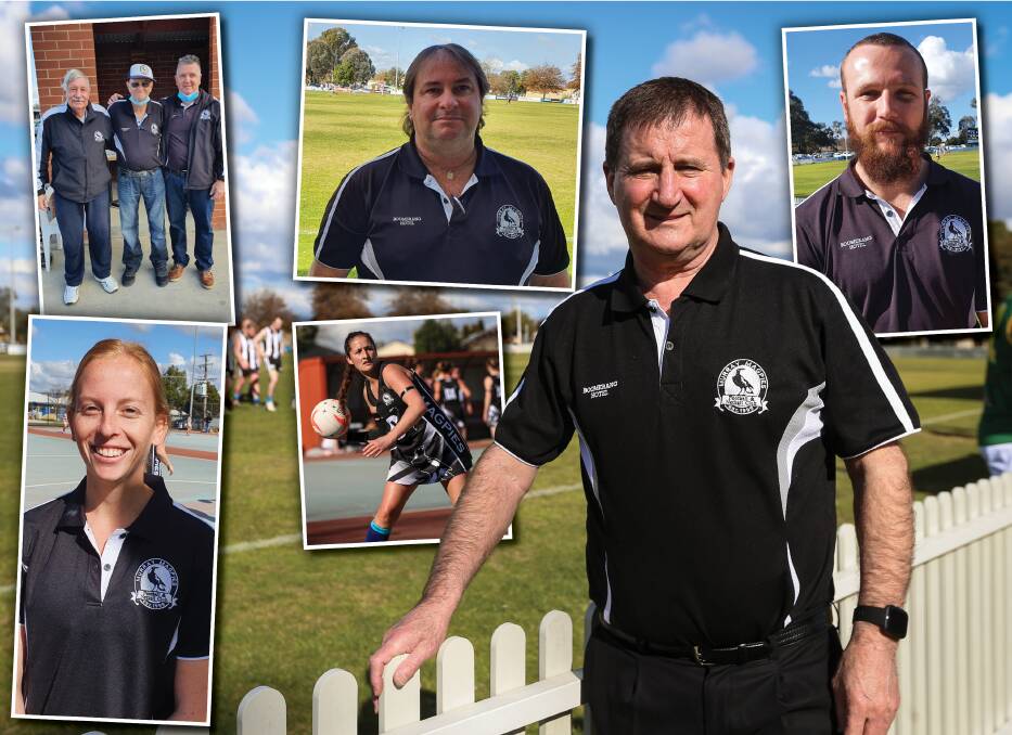 COMMITTED: Ted Miller will continue to serve the Murray Magpies when his time as president is up, with his passion for the club matched by the likes of Richard Phillips, Les Janetzki, Rod and Hayden Edwards, Andrew Hume, Jessica Black and Kiera Nicholson. Picture: JAMES WILTSHIRE