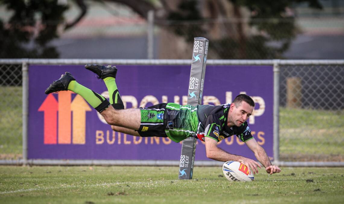 FLYING FINISH: Curtly Jenkinson scored two of Albury Thunder's nine tries against Wagga Brothers. Next comes a tough test against Tumut Blues. Picture: JAMES WILTSHIRE
