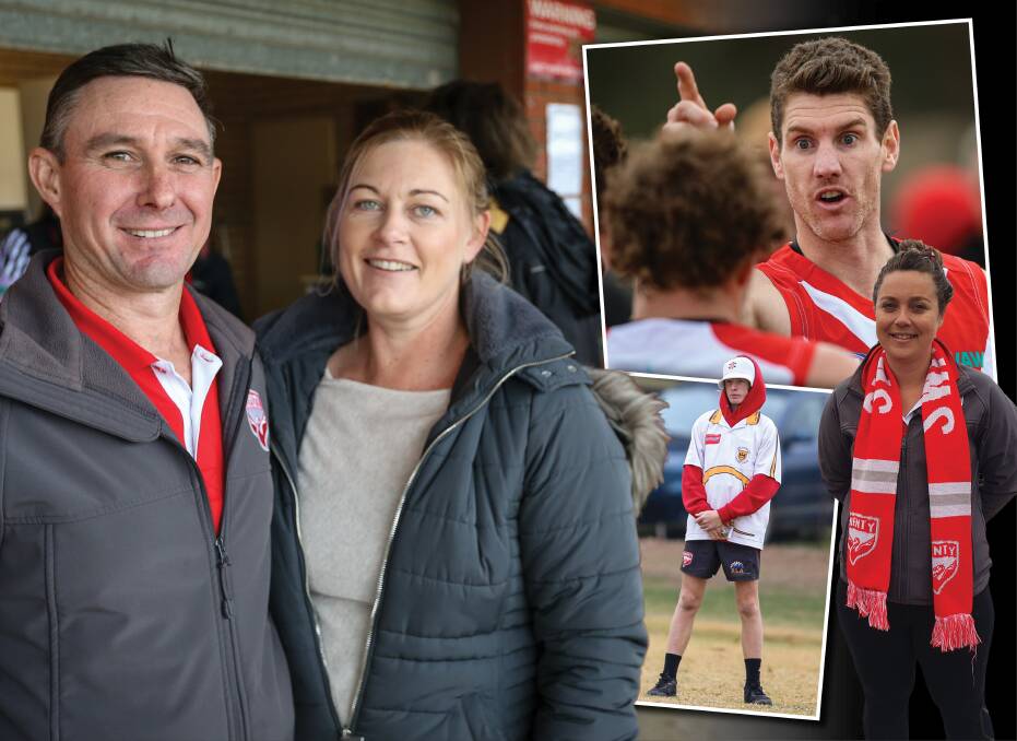 POSITIVE HEN-ERGY: President Nathan Scholz and wife Rebecca, the canteen manager, both have pivotal roles with the Swampies, while playing is just part of the story for Heath Ohlin, Kobie Skeers and Millie Bourke. Picture: JAMES WILTSHIRE