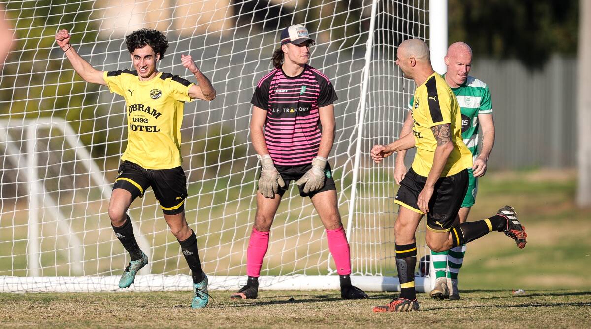 BIG MOMENT: It's delight for Anthony Corso but despair for Albury United as Cobram Roar hit the front at Apex Reserve. Picture: JAMES WILTSHIRE