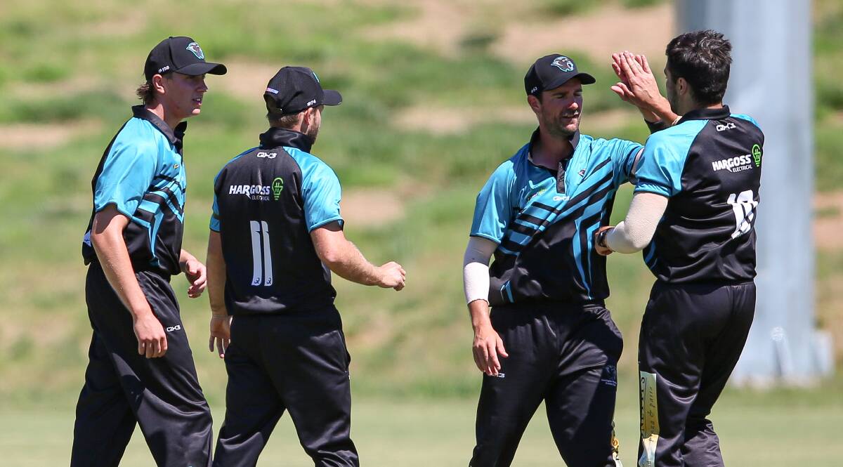 UP AND ABOUT: Lavington Panthers celebrate the wicket of Albury's John Spencer on their way to a six-wicket win. Picture: JAMES WILTSHIRE