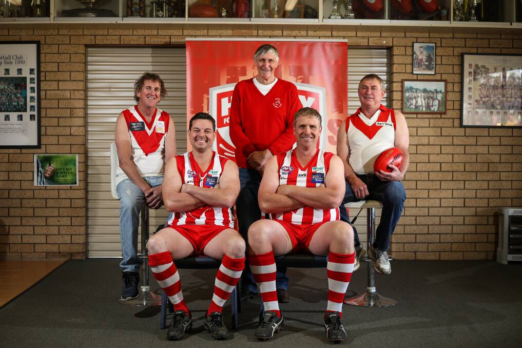 SWAMPIE ROYALTY: Kerry Boyle, Graham Scholz, Brian Klemke, Dave Weston and Matt Kilo have all played 400 games for Henty. Picture: JAMES WILTSHIRE