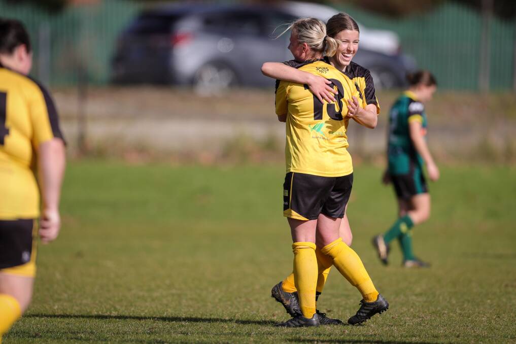 Jess Thomas celebrates with Keely Halloway. Picture: JAMES WILTSHIRE