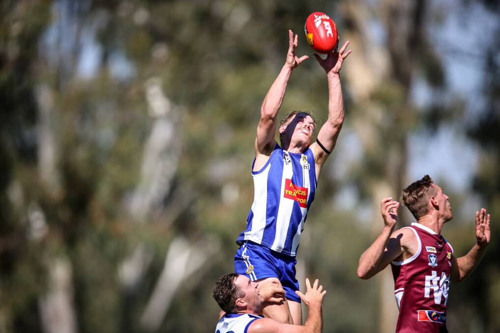 Jack Schilg gets up well against Wodonga. Picture: JAMES WILTSHIRE