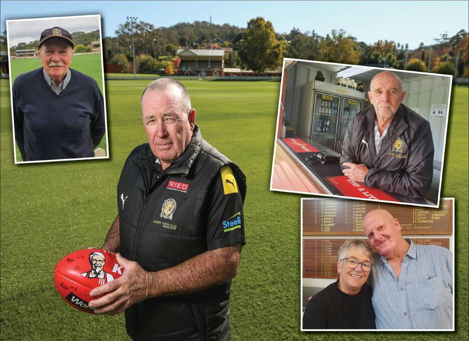 YELLOW AND BLACK: Colin Joss, Ross Ried, Tony Wood and Nola and Bluey Day have given huge service to the Albury Tigers over the years. Picture: JAMES WILTSHIRE