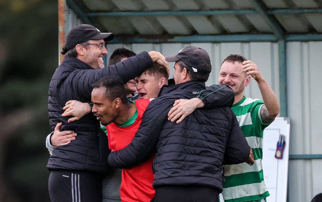 Joy for Albury United as the final whistle blows. Picture: JAMES WILTSHIRE