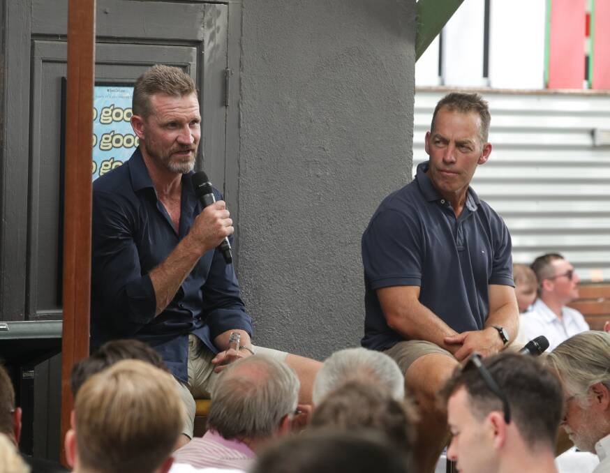 BIG NAMES: Nathan Buckley and Alastair Clarkson on stage at Beer DeLuxe for the Albury Tigers season launch yesterday. Hundreds of guests listened to the AFL powerhouses speak for more than an hour. Picture: JAMES WILTSHIRE