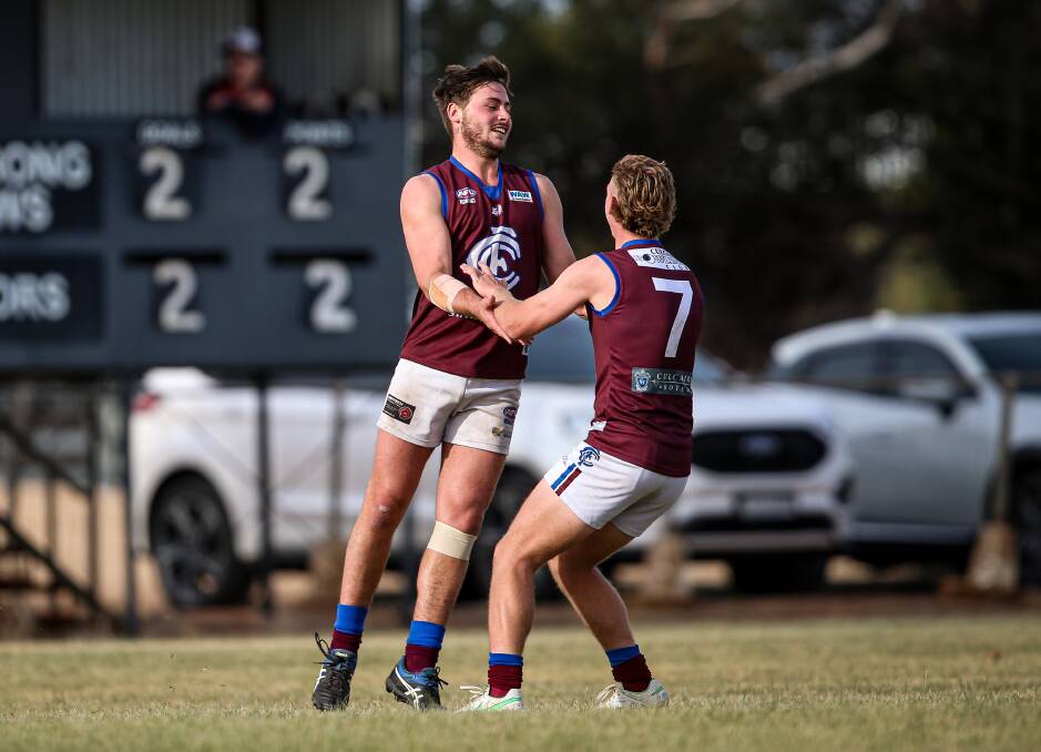 Culcairn celebrate one of their 11 goals away to Billabong Crows. Picture: JAMES WILTSHIRE