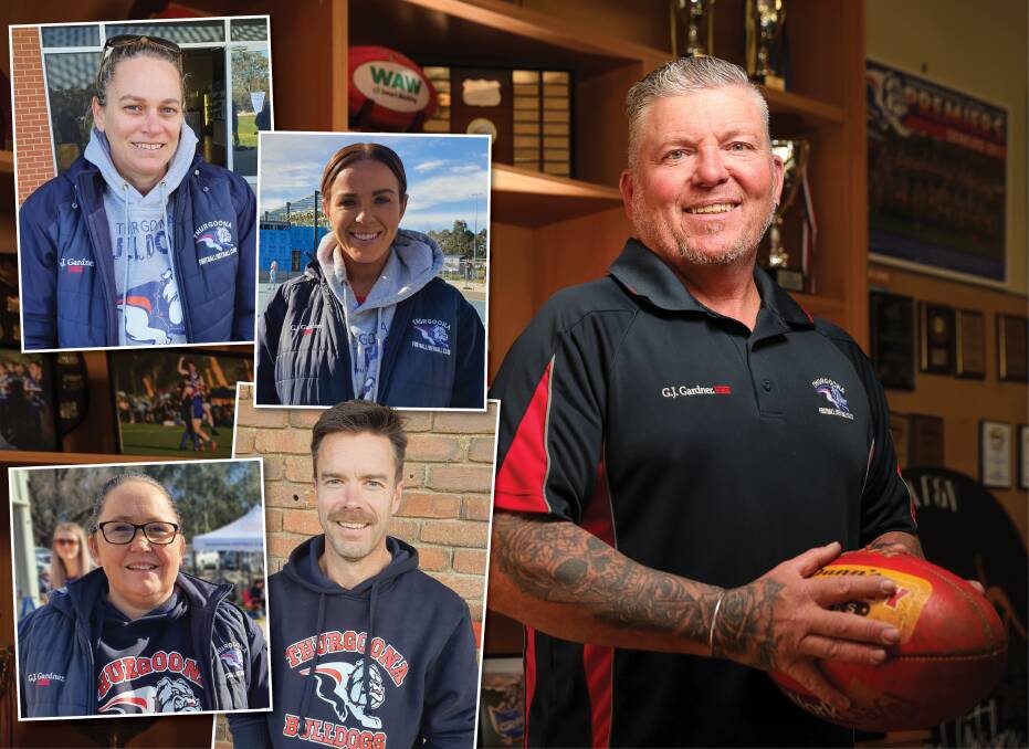 TAKING THE LEAD: Thurgoona president Steven Michelini, main picture, with netball coach Kristie McInness, A-grade captain Mardi Nicholson, vice-president Renee Whitehead and female football coach Adam Browne. Picture: JAMES WILTSHIRE