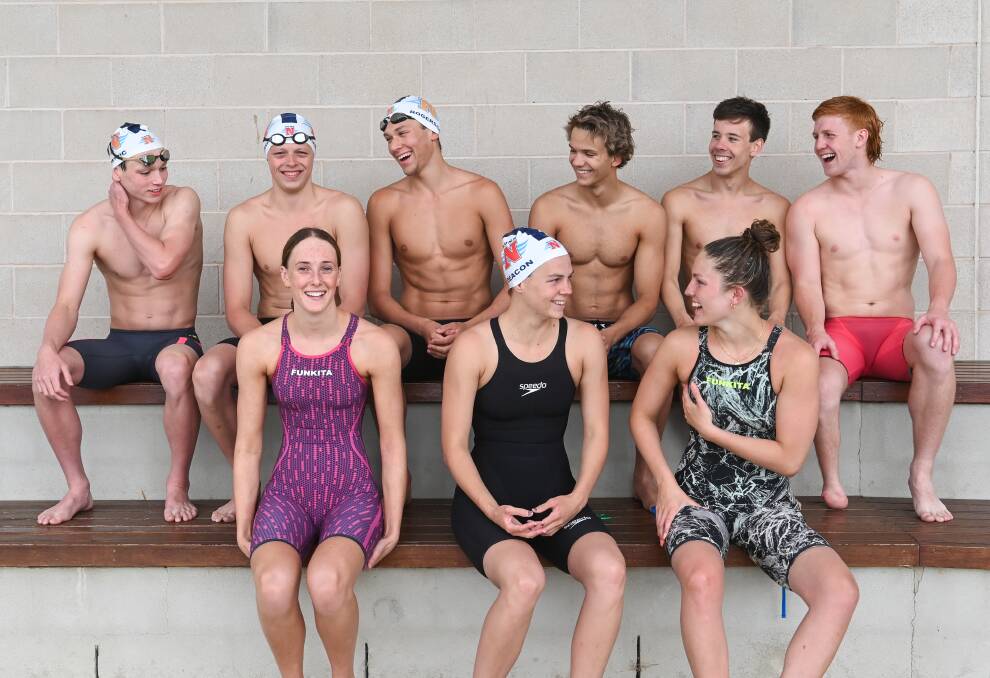 READY TO RACE: High performance swimmers Will Petric, Silas Harris, Elliott Rodgerson, Zander Coates, Cameron Jordan, Col Pearse, Layla Day, Zoe Deacon and Olivia Lefoe at WAVES in Wodonga. Picture: MARK JESSER