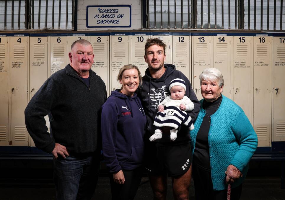 Yarrawonga's Beau Seymour with father Marty, wife Caitlin, 11-week-old daughter Emma and grandmother Betty. The family are hoping to celebrate a premiership at Lavington Sports Ground on Sunday. Picture by James Wiltshire