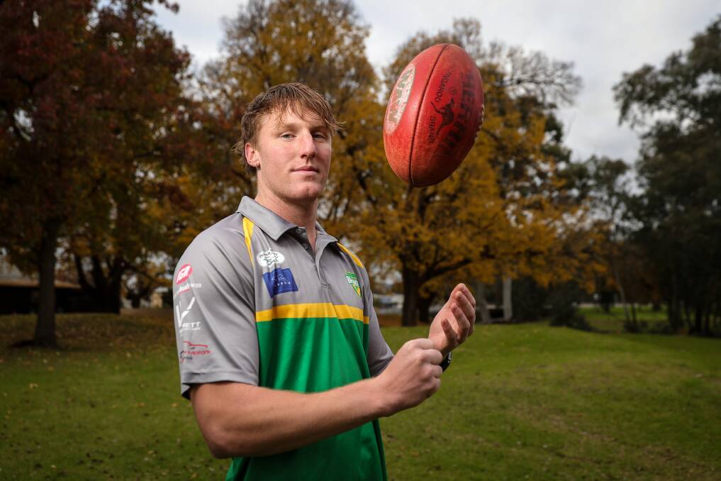 GIVING IT BOTH BARRELS: Kolby Heiner-Hennessy spent five years at Albury but is enjoying life in the Hume league this season after joining Holbrook's premiership push under coach Matt Sharp. Picture: JAMES WILTSHIRE