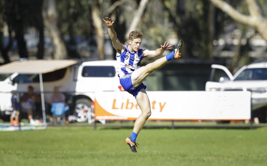 Callum Spencer launches the ball forward against Albury. Picture: ASH SMITH