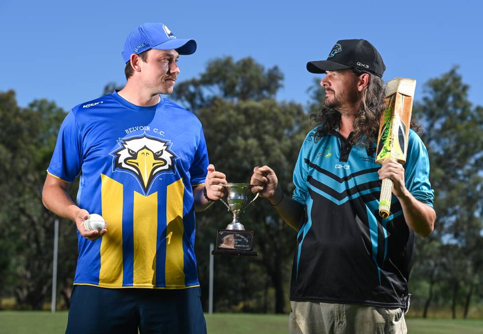 UP FOR THE CUP: Belvoir president Brad Freake and his opposite number, Lavington's Sam O'Connor, with the Cameron Thompson Memorial Cup. The sides meet at Kelly Park from 11:30am on Saturday. Picture: MARK JESSER