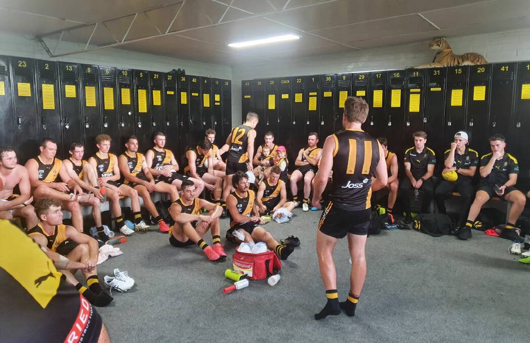 Anthony Miles addresses Albury's players in the rooms.
