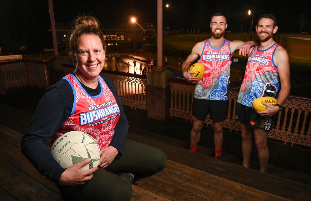 DEADLY TRIO: Aboriginal Beechworth players Coby Surrey, Brent Ryan and Taylor Hampton wearing the singlets designed to mark today's inaugural Indigenous round against Chiltern at Baarmutha Park. Picture: MARK JESSER