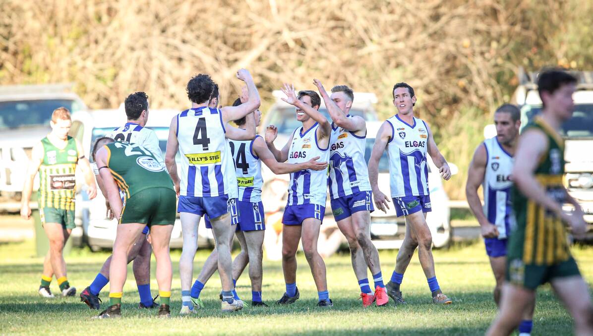 Yackandandah celebrate a goal during their win over Tallangatta. Picture: JAMES WILTSHIRE