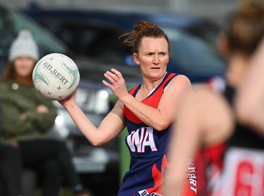 FULL FOCUS: Bec Matthews looks for a team-mate during Lockhart's 30-goal victory away to Brock-Burrum in the Hume league on Saturday. Picture: MARK JESSER