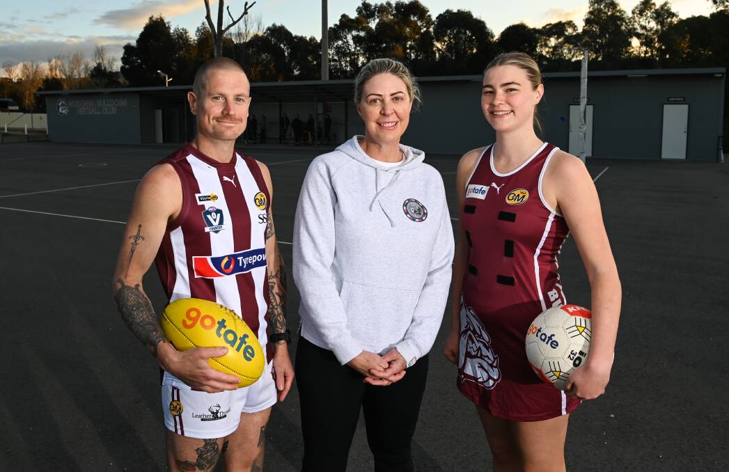 ON THE BALL: Mental Health Round organisers David Kapay and Sandii Greaves with Wodonga netballer Ella Dickins. The Bulldogs and Corowa-Rutherglen are playing for the 'Protecting the Protectors Cup' today. Picture: MARK JESSER