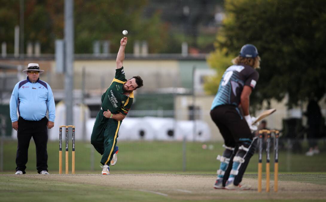 Brandon Purtell bowling for North Albury against Lavington in the 2020/21 grand final. Picture: JAMES WILTSHIRE