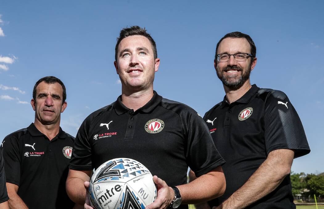 Dave Smith, Elliot Jones and Matt Campbell, pictured here during their time at Murray United, are back working together at Albury United. Picture: JAMES WILTSHIRE