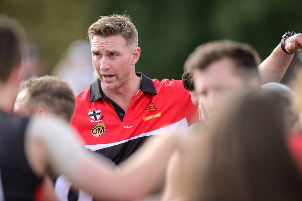 Dawson Simpson addresses his Myrtleford players on Sunday. Picture: JAMES WILTSHIRE