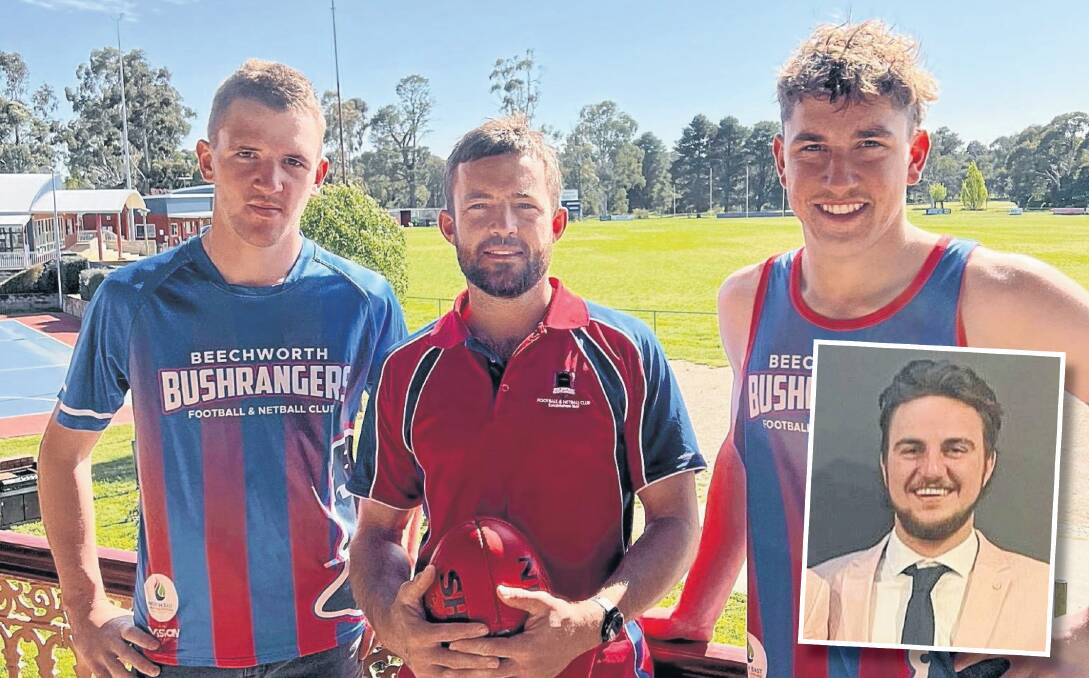 Liam and Jordan Eaton with Beechworth co-coach Tom Cartledge at Baarmutha Park, where they will play alongside brother Lochie Eaton, inset.