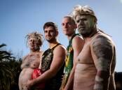Albury co-coach Anthony Miles and North Albury's Archer Gardiner with Aboriginal dancers Richard Gilbert and and Neville Bamblett. Picture: JAMES WILTSHIRE