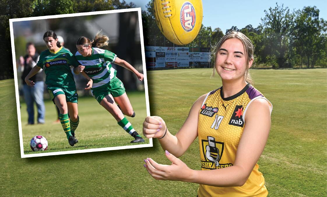 DUAL THREAT: Zarlie Goldsworthy is still playing soccer for Albury United (left) but football will be her main focus next year. Picture: MARK JESSER
