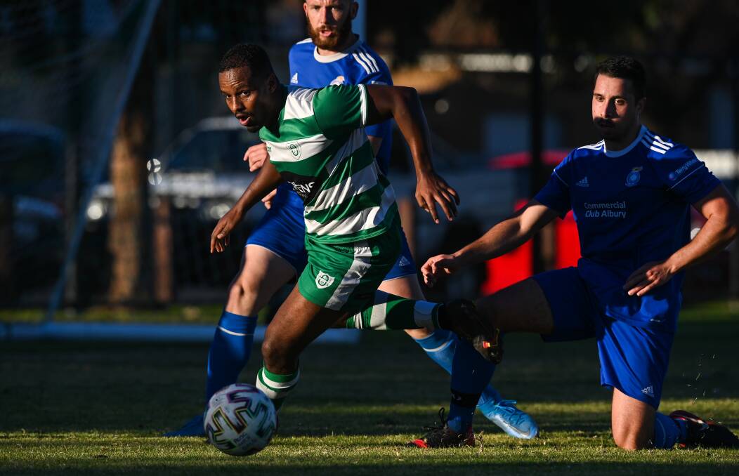 Melkie Woldemichael looks to get Albury United moving forward in the derby against City. Picture: MARK JESSER
