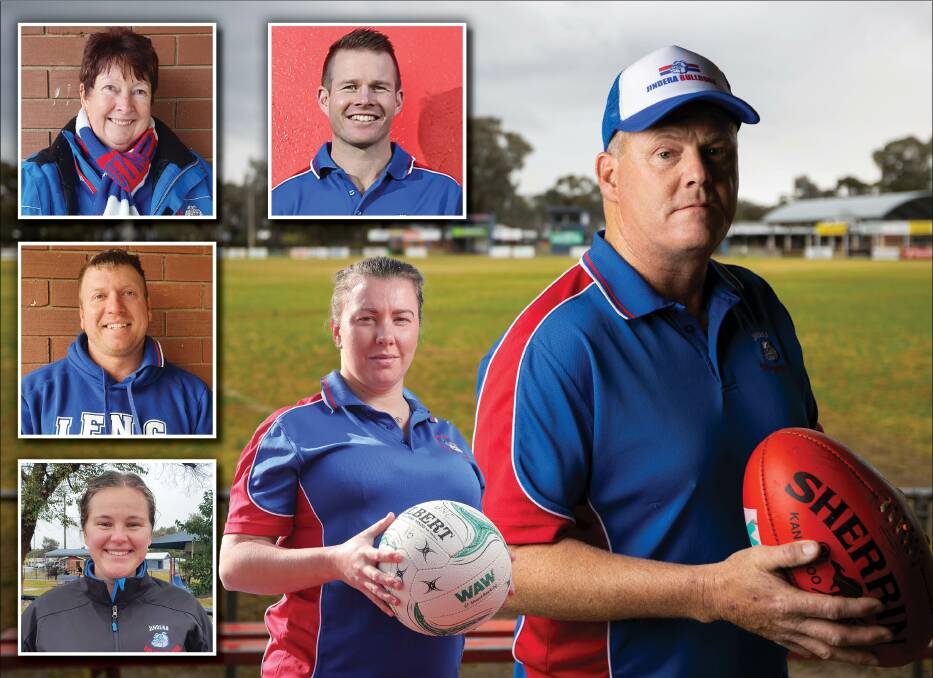 BULLDOG SPIRIT: Jindera presidents Simon Cossor and Jess Guy work closely with the likes of Karen Freeman, Andrew Wilson, Jono Kalina and Aimee Riley. Picture: ASH SMITH