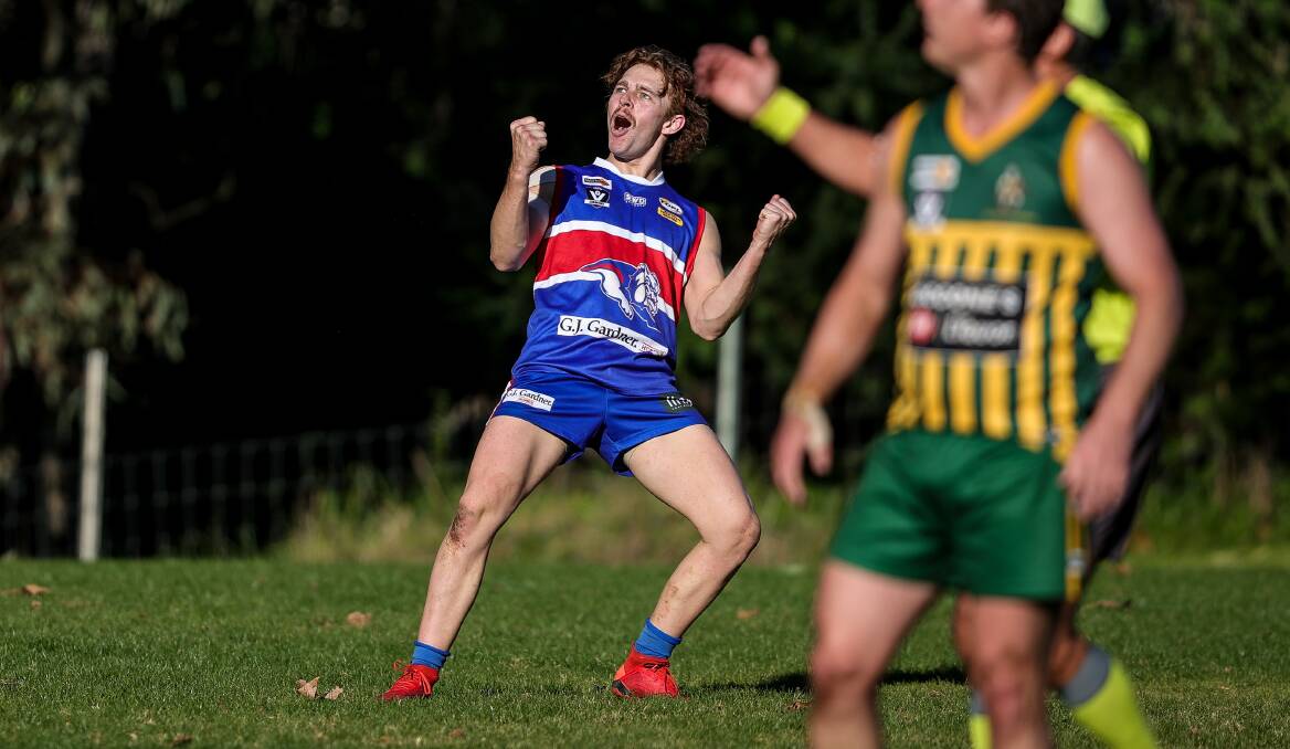 YOU BEAUTY: Tom Rake likes what he sees as his kick sails through for another Thurgoona goal in the win over Tallangatta. Picture: JAMES WILTSHIRE