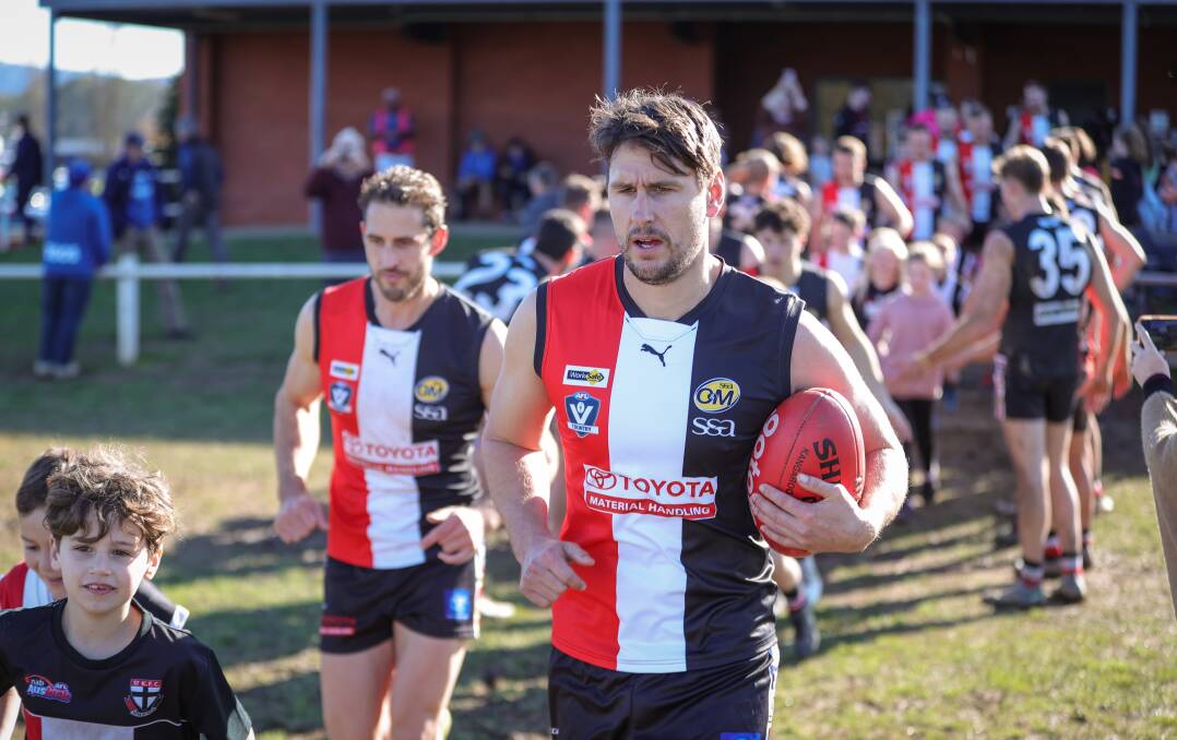 Ryan Griffen runs out for his Myrtleford debut. Picture: JAMES WILTSHIRE
