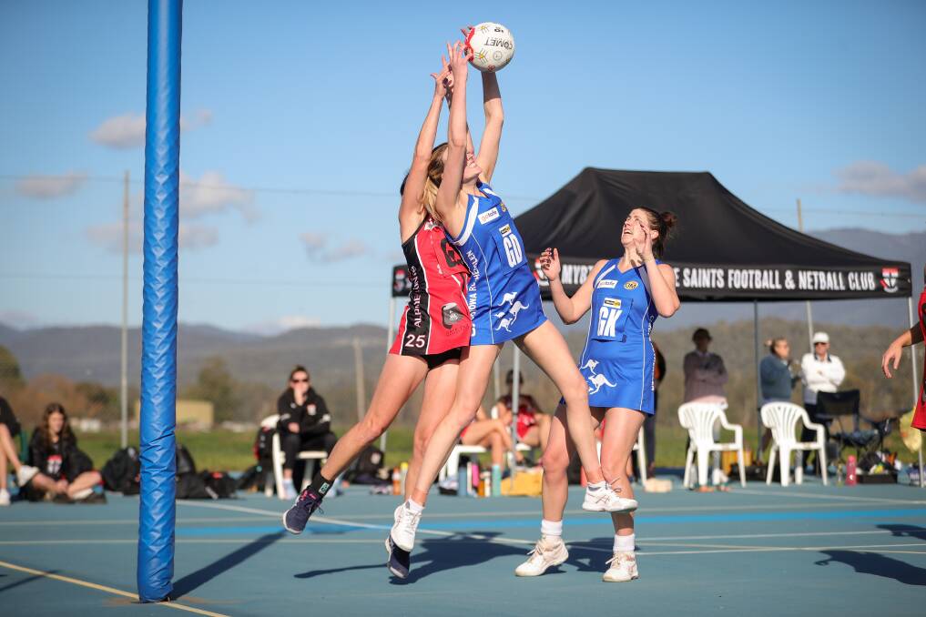 Sophie Hanrahan reaches for the ball against Myrtleford. Picture: JAMES WILTSHIRE