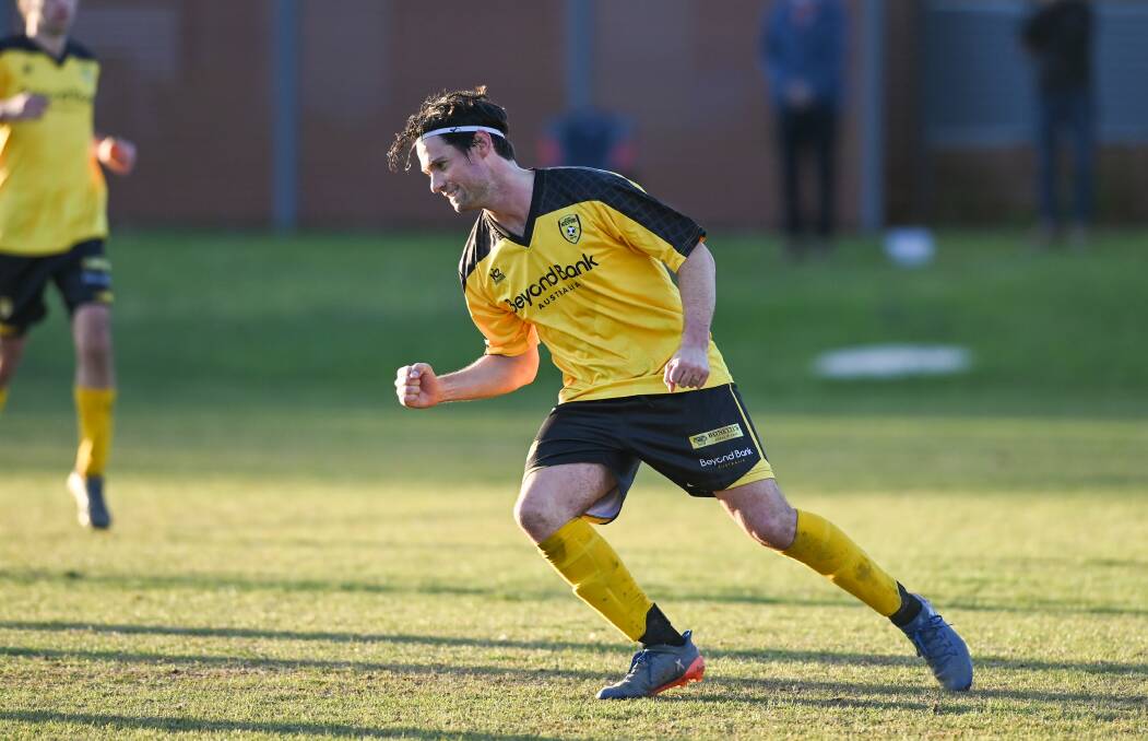 HOT TRICK: Kristian Hopwood celebrates one of his three goals for Albury Hotspurs in the win against St Pats on Sunday. Picture: MARK JESSER
