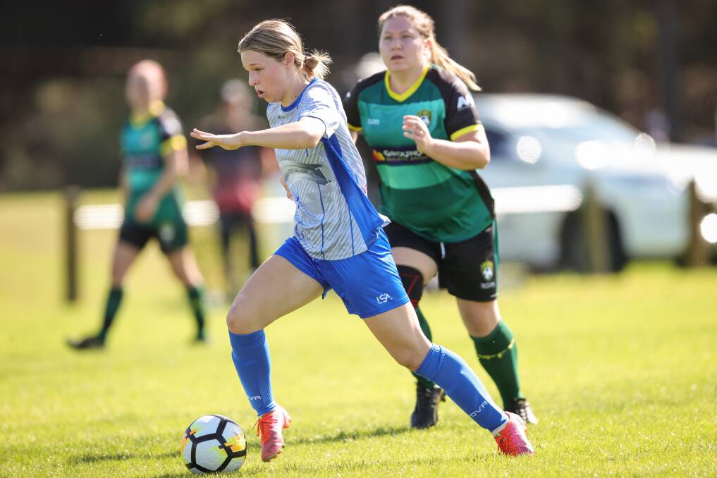 Summer Caponecchia on the ball for Myrtleford. Picture by James Wiltshire