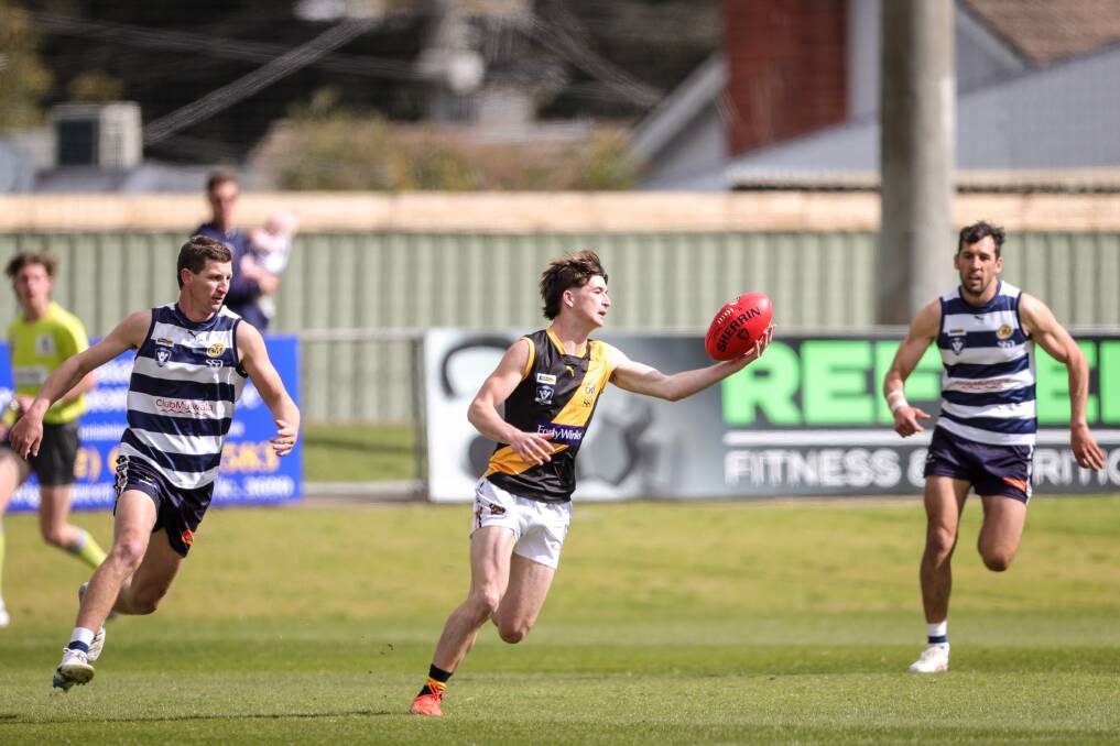 Phoenix Gothard gets his hands on the footy for Albury in the first final against Yarrawonga. Picture by James Wiltshire