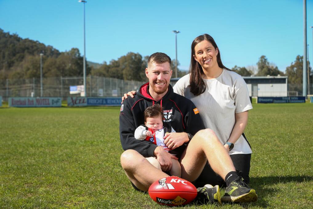 Jake Sharp and his family at Myrtleford's McNamara Reserve. Picture: JAMES WILTSHIRE