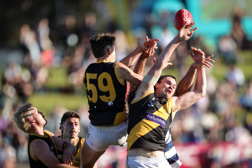 Lucas Conlan flies at the footy during the Ovens and Murray grand final. Picture by James Wiltshire