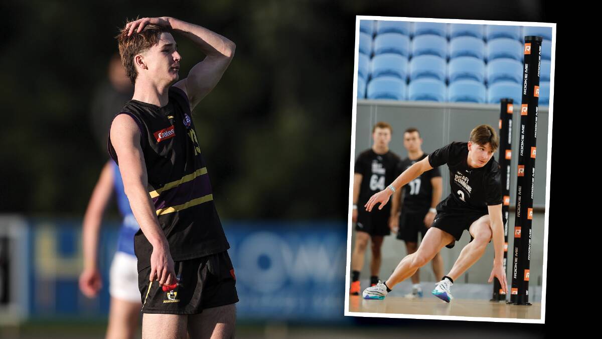 Phoenix Gothard on Murray Bushrangers duty and, inset, testing at the AFL Draft Combine. Main picture by James Wiltshire