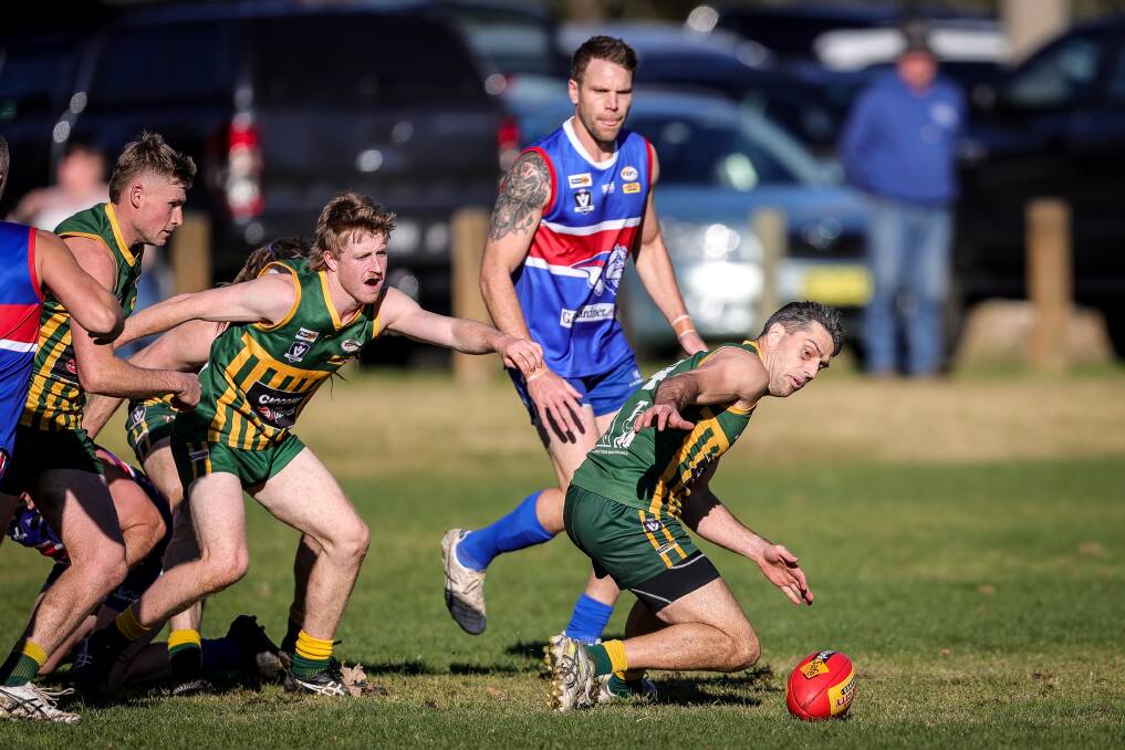 Tallangatta came off second-best against Thurgoona on Saturday. Picture: JAMES WILTSHIRE