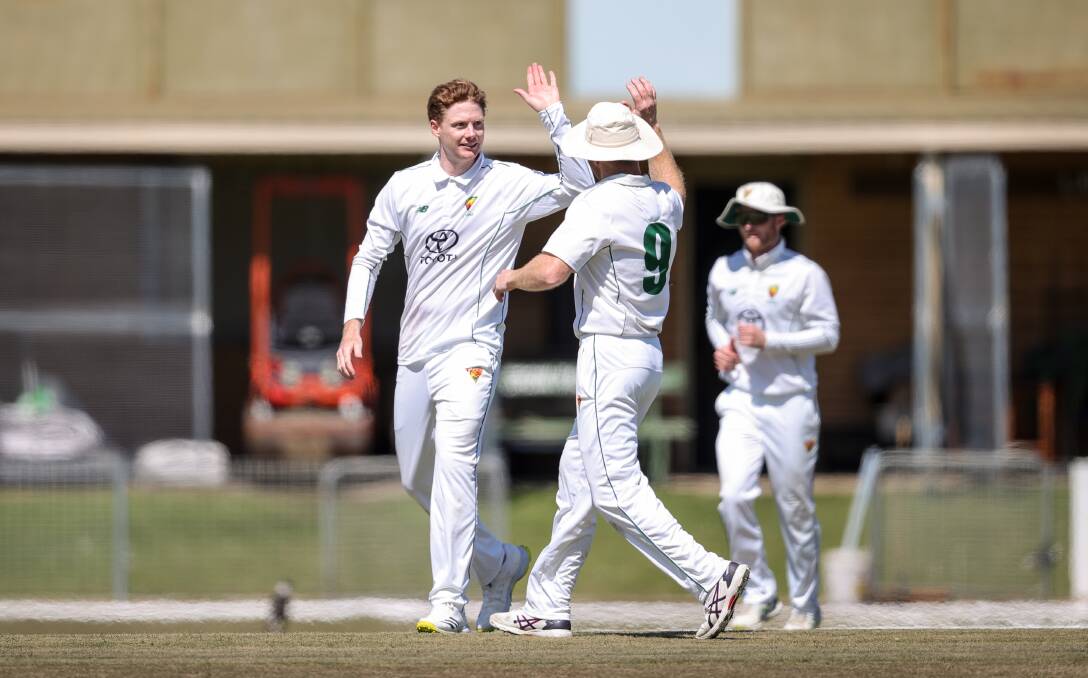 Tom Andrews celebrates one of his five wickets for Tasmania. Picture by James Wiltshire