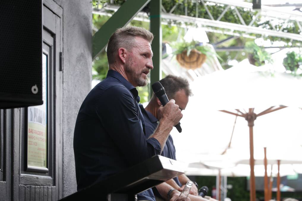 Nathan Buckley addresses guests at Albury Tigers' season launch. Picture: JAMES WILTSHIRE