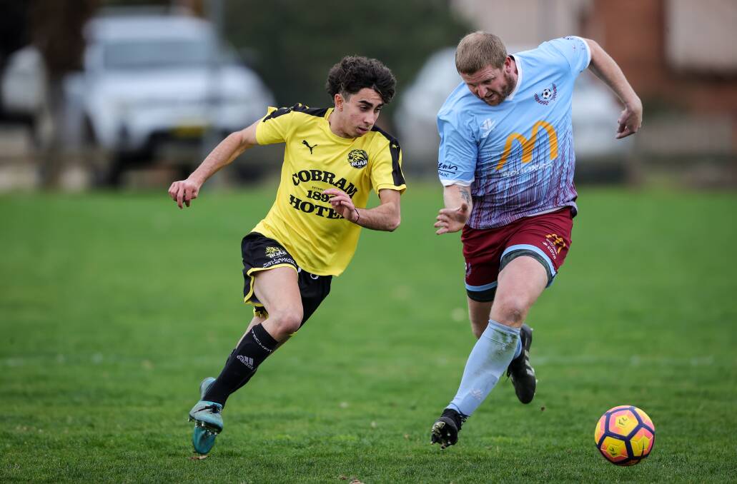 PAR FOR THE CORSO: Cobram matchwinner Anthony Corso gets away from Twin City captain Cayne Wilhelm. Picture: JAMES WILTSHIRE