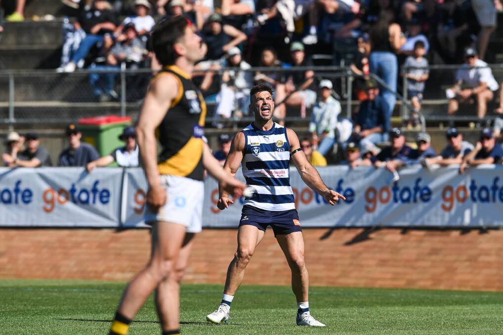 Dylan Conway kicked two goals for Yarrawonga in the first quarter of the grand final. Picture by Mark Jesser